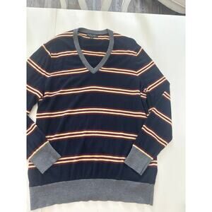 Brooks Brothers Navy striped V neck washable 100% Merino Wool sweater 2XL